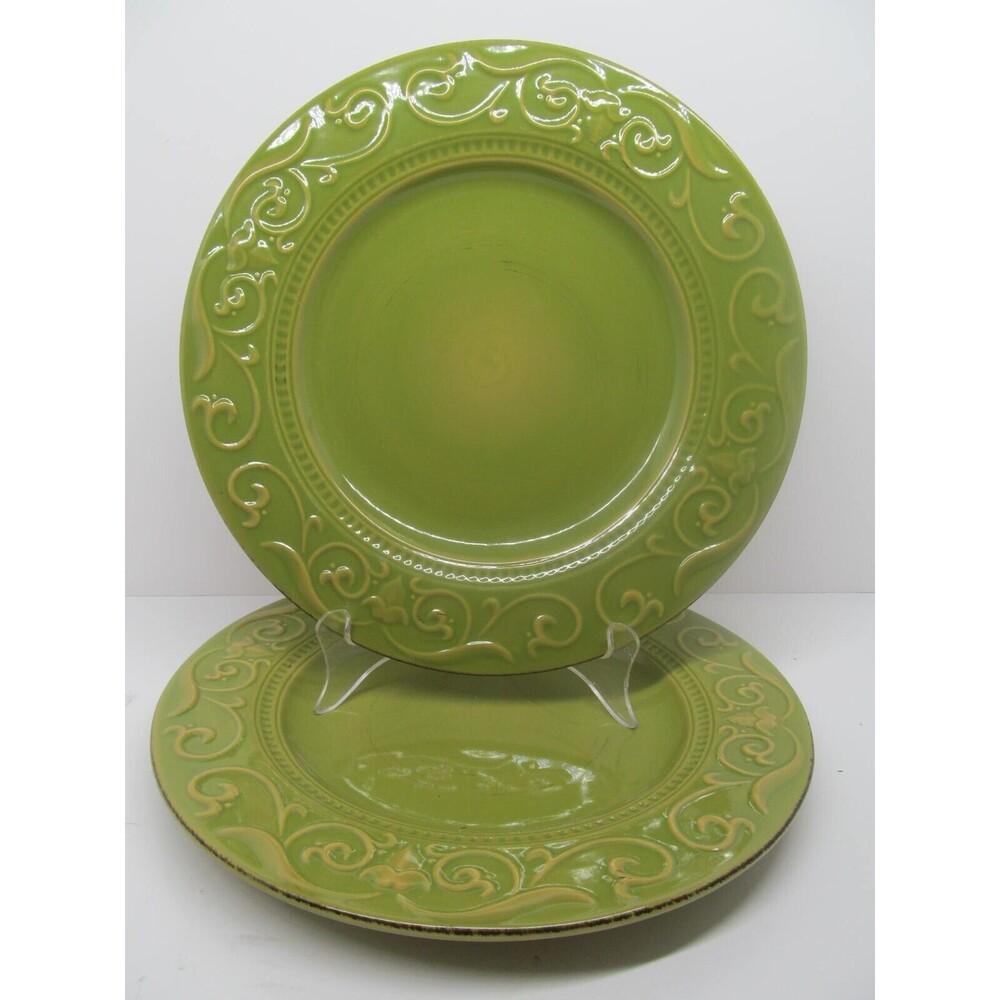 Demdaco Sapore Deb Hrabik Set Of 2 Hand Painted Green 10 3/4" Dinner Plates  EUC